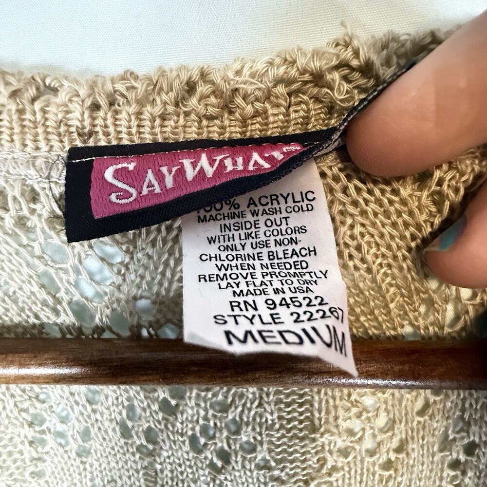 VTG Y2k Crochet Open Knit Tie Front Cardigan Wrapper SIZE MEDIUM Tan USA Ruffle - Picture 11 of 12